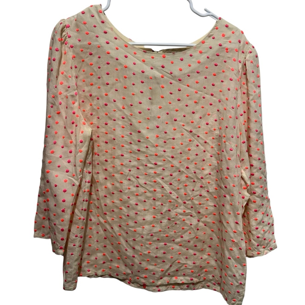 ISATO Anthropologie Cream Peasant Blouse Neon Pink Polka Dot Size Medium